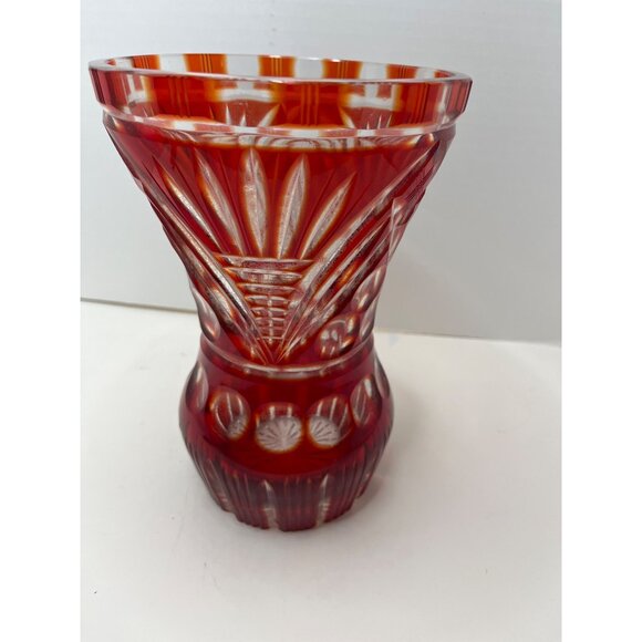 Ruby Red Cranberry Heavy Large Cut Crystal Vase Made in Brazil 8 1/2" - Picture 3 of 11